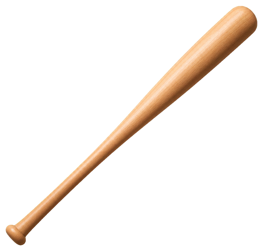 Plain wooden baseball bat shown diagonally on a transparent background.