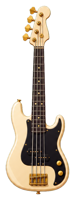 Cream electric bass guitar with dark pickguard and gold tuning pegs