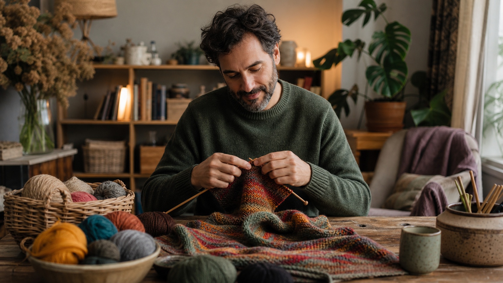 Man knitting at a table with yarn in a cozy room