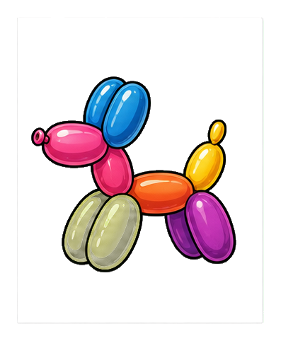 Colorful balloon dog made of twisted balloons on a black background.
