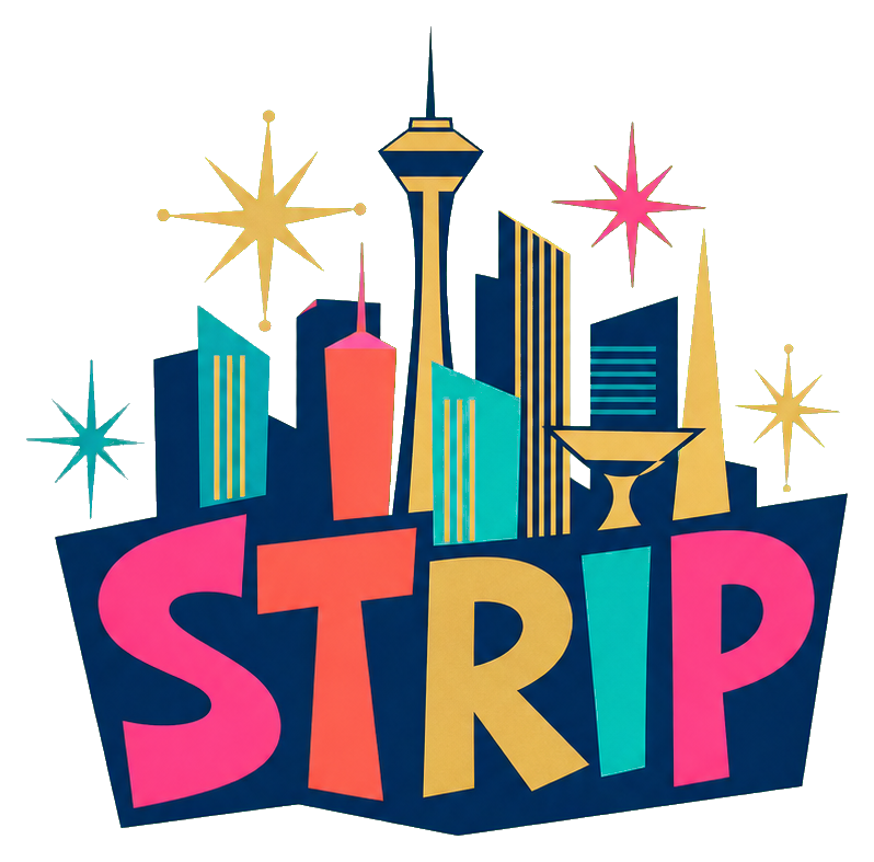 Retro Las Vegas word art with the Strip and colorful skyline illustration
