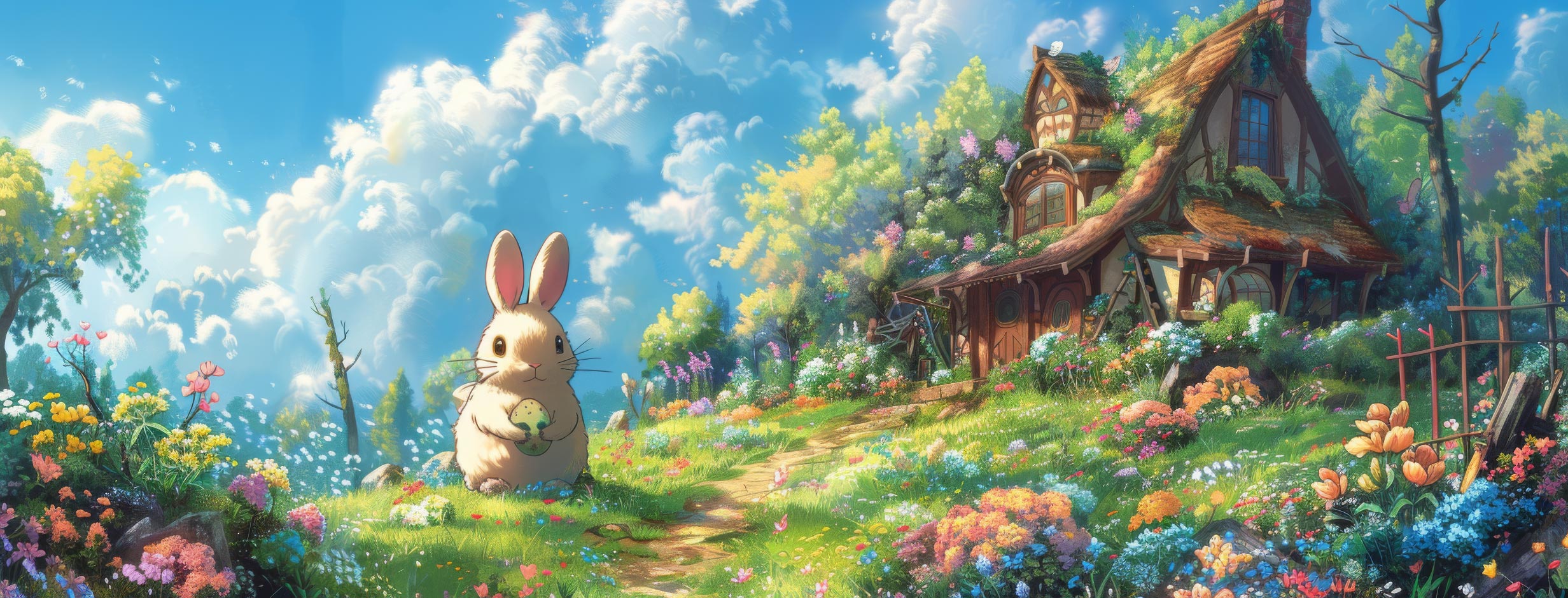 Preview for Whimsical-bunny-cottage-garden-easter-facebook-background-52907