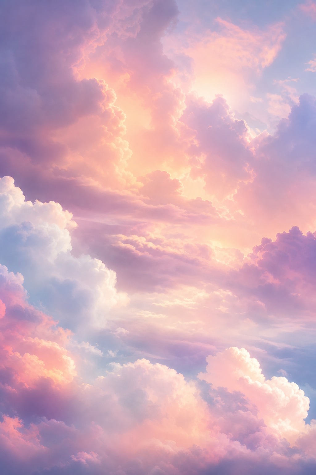 Vertical pastel sky with glowing clouds in pink, cream, and lavender tones.