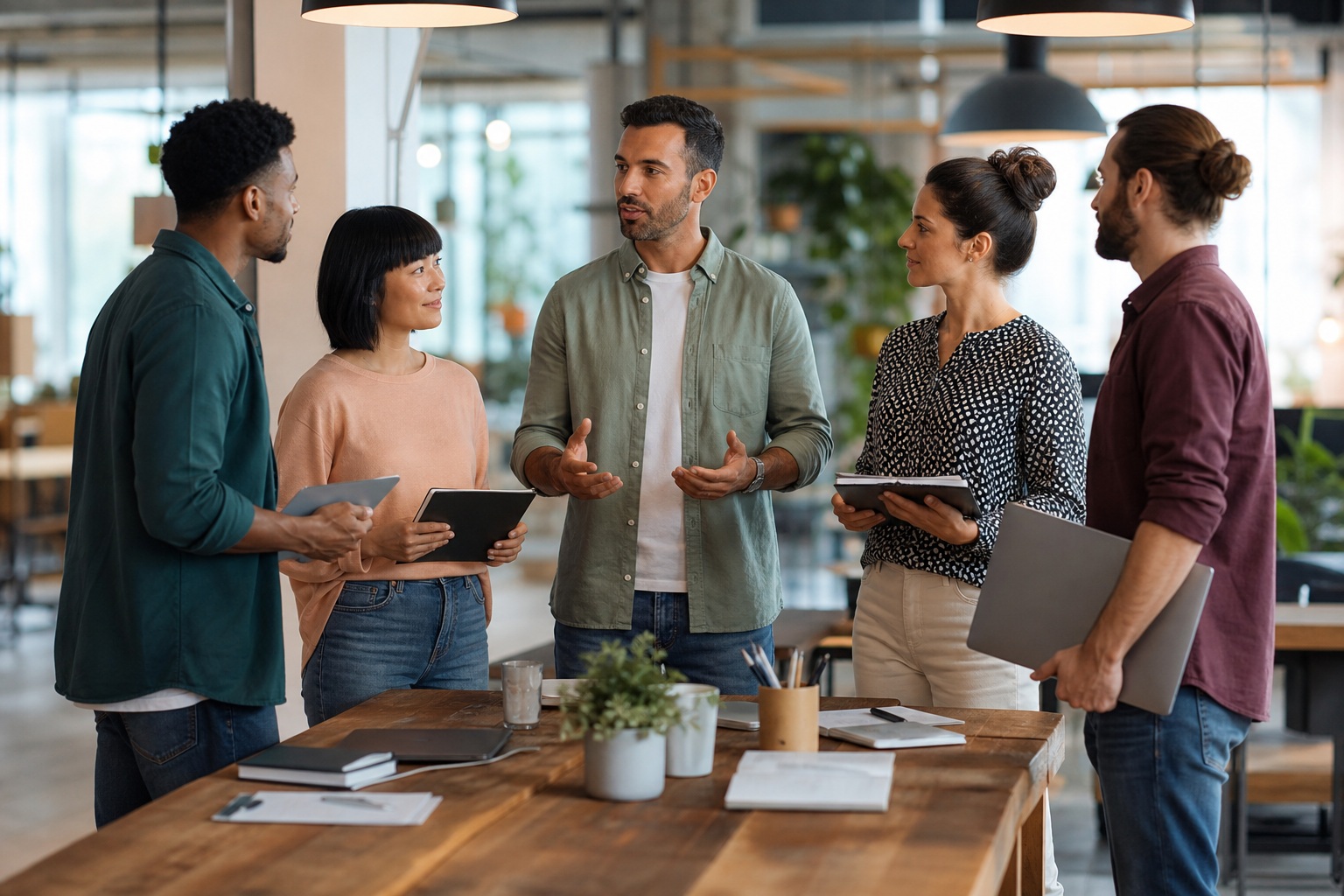 Five coworkers discussing ideas around a wooden table in a bright modern office