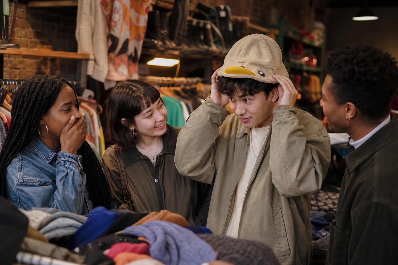Candid group of friends reacting inside a thrift store surrounded by vintage clothing.
