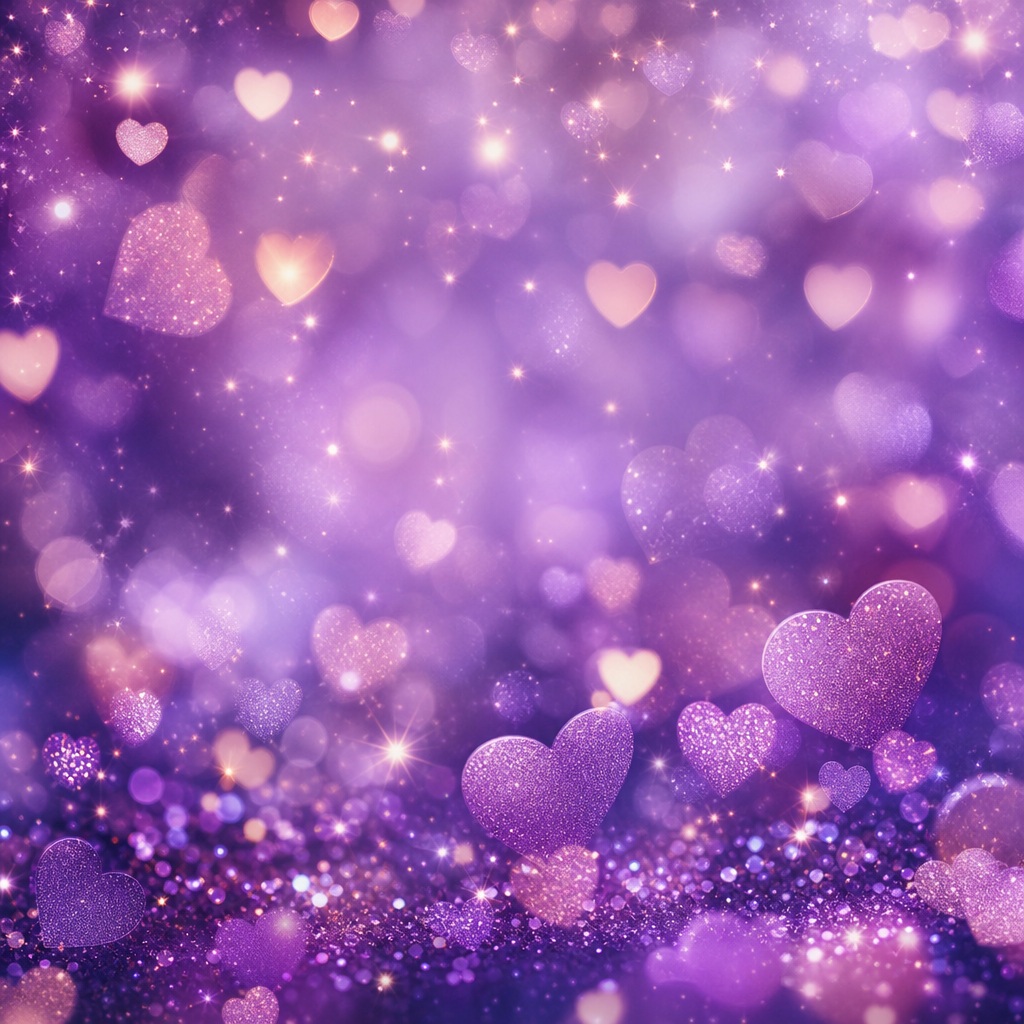 Lavender background with glowing heart shapes and soft bokeh lights