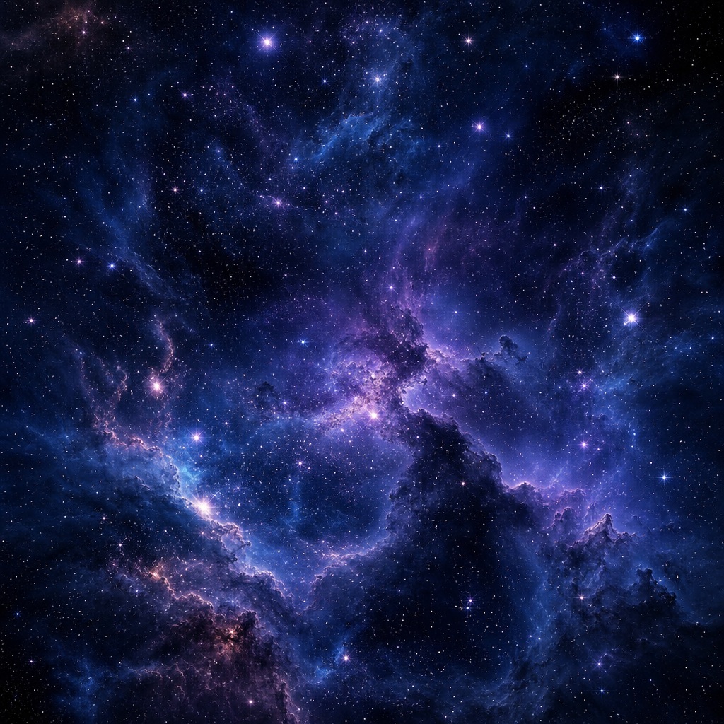 Dark purple and blue nebula clouds with scattered stars in a square space scene