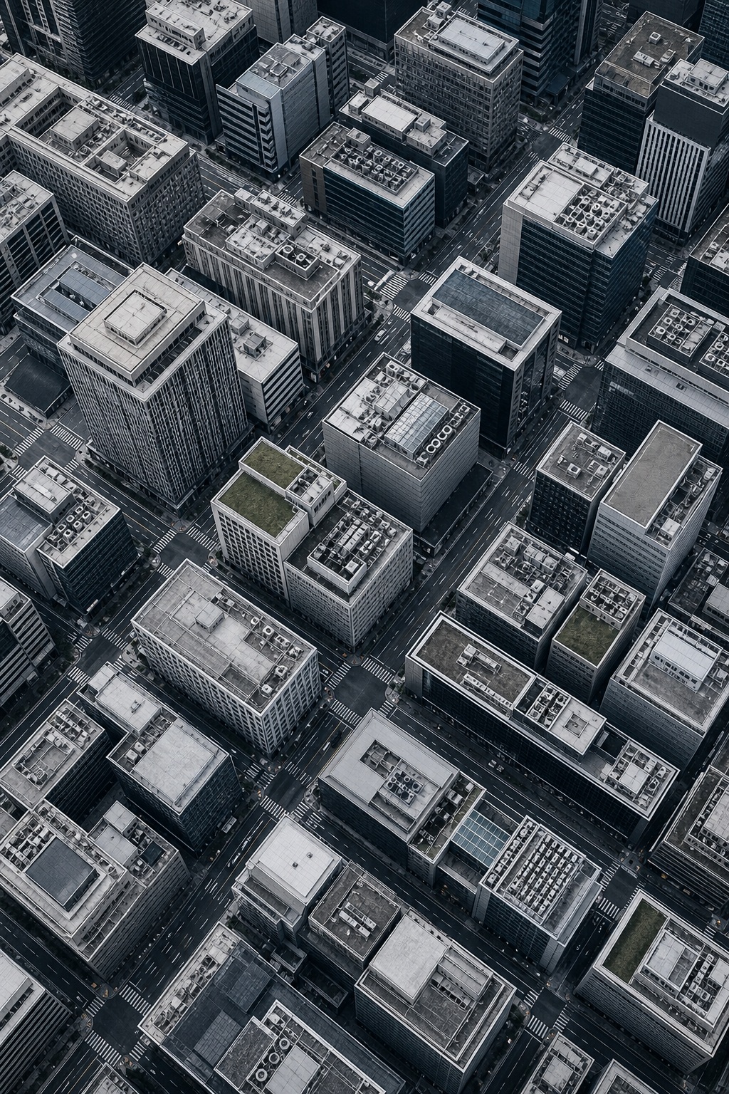 Black and white aerial view of dense city buildings and block patterns