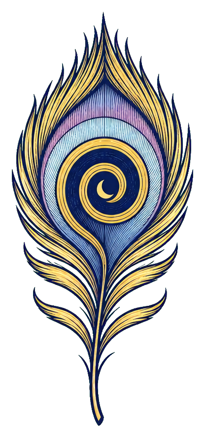 Decorative peacock feather with a gold spiral center and blue and purple accents
