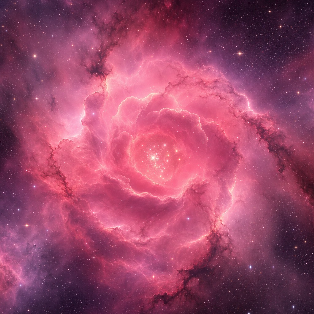 Square pink and rose nebula with glowing stars in deep space