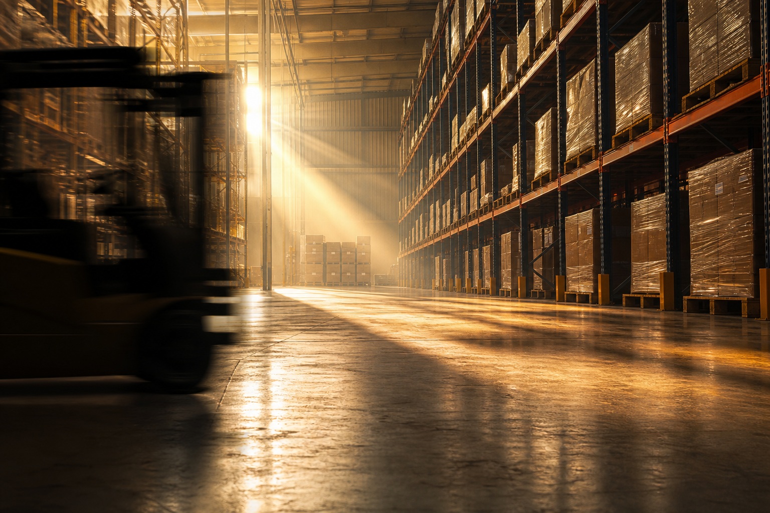 Blurred forklift silhouette moving through a sunlit warehouse aisle with long shadows.