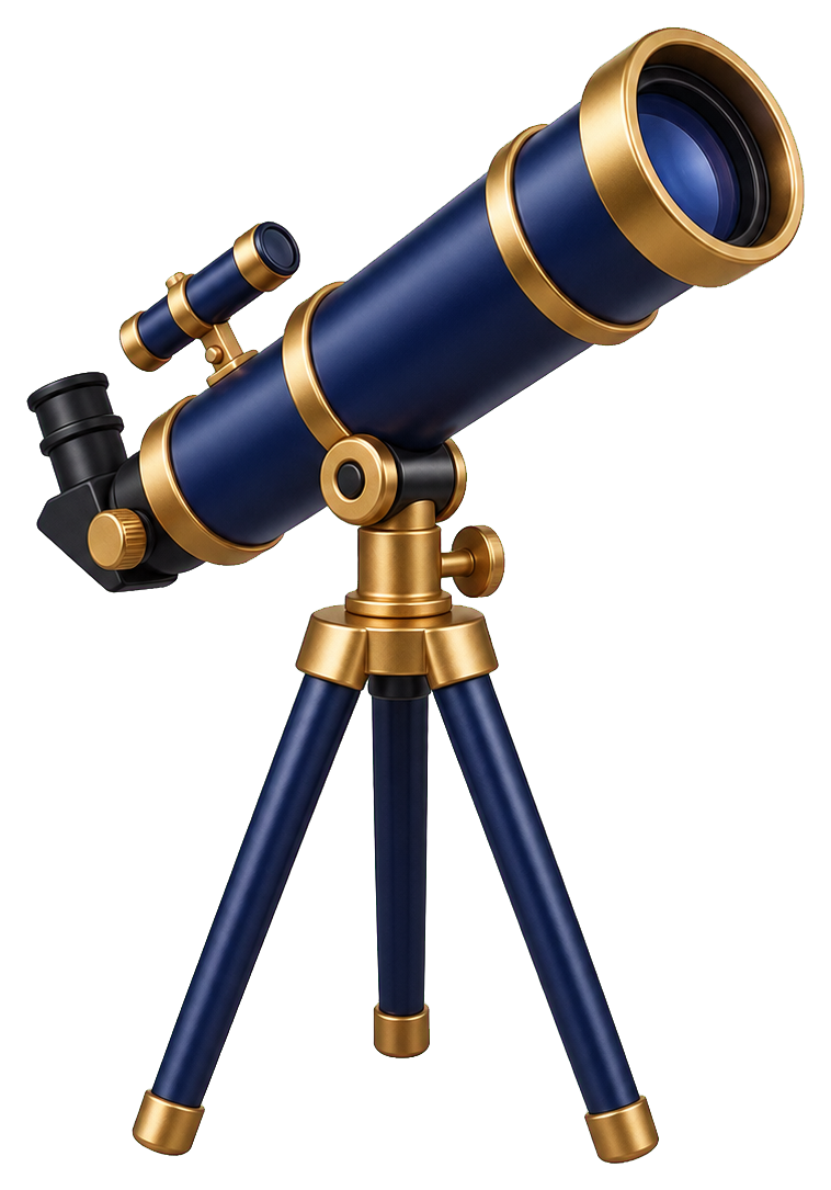 A gold and blue telescope mounted on a tripod