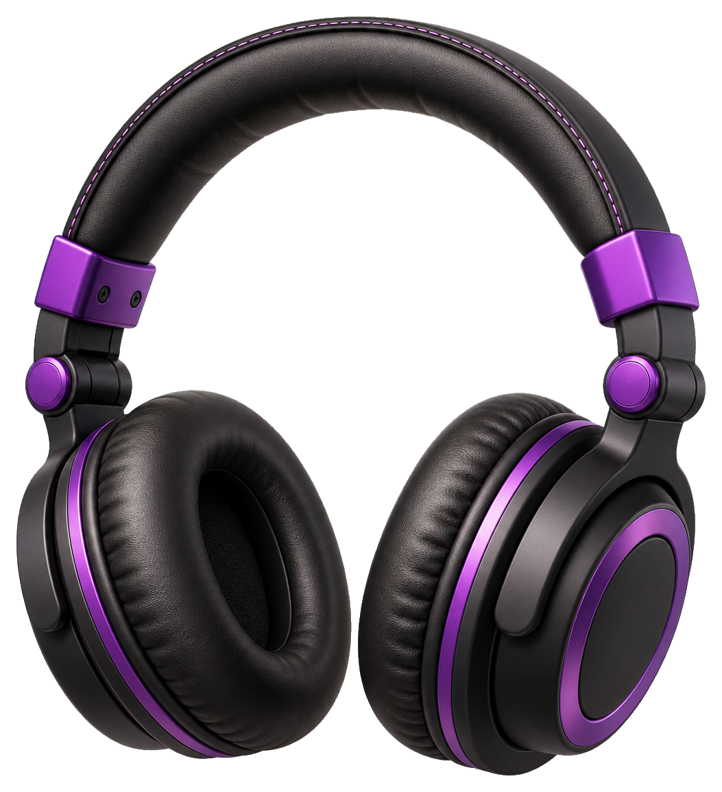Black and purple over-ear DJ headphones sticker on transparent background
