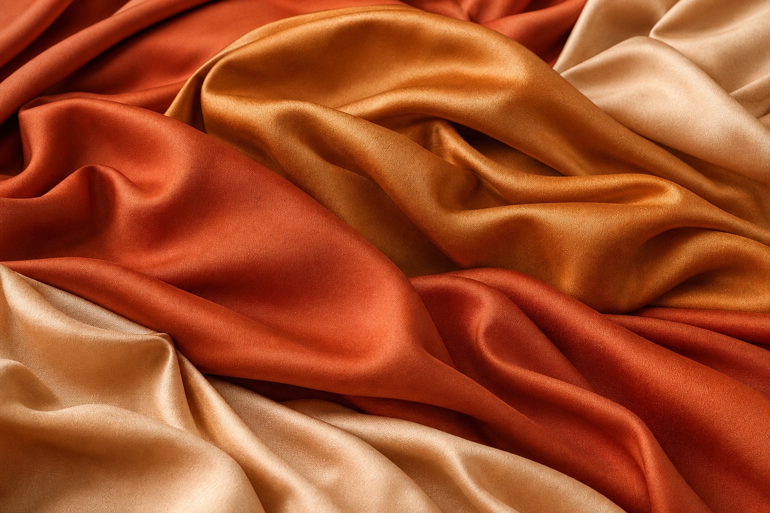Terracotta and gold satin-like fabric folds with soft matte waves and draped texture