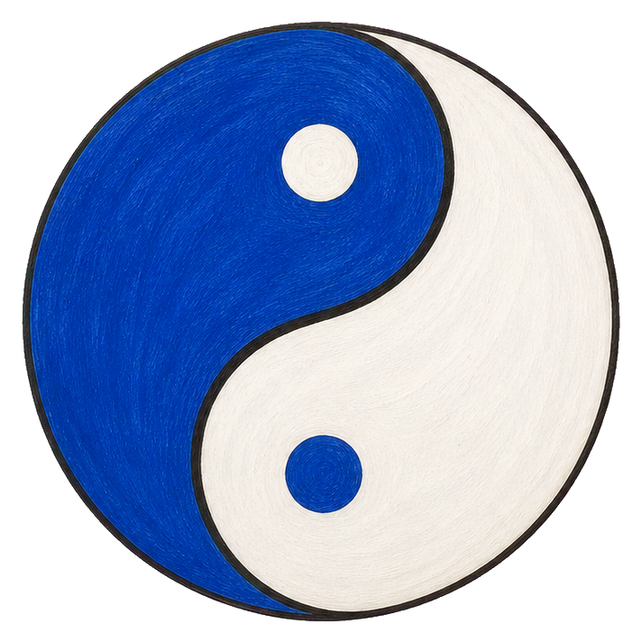 Blue and white yin yang symbol with a ceramic look and curved black divider
