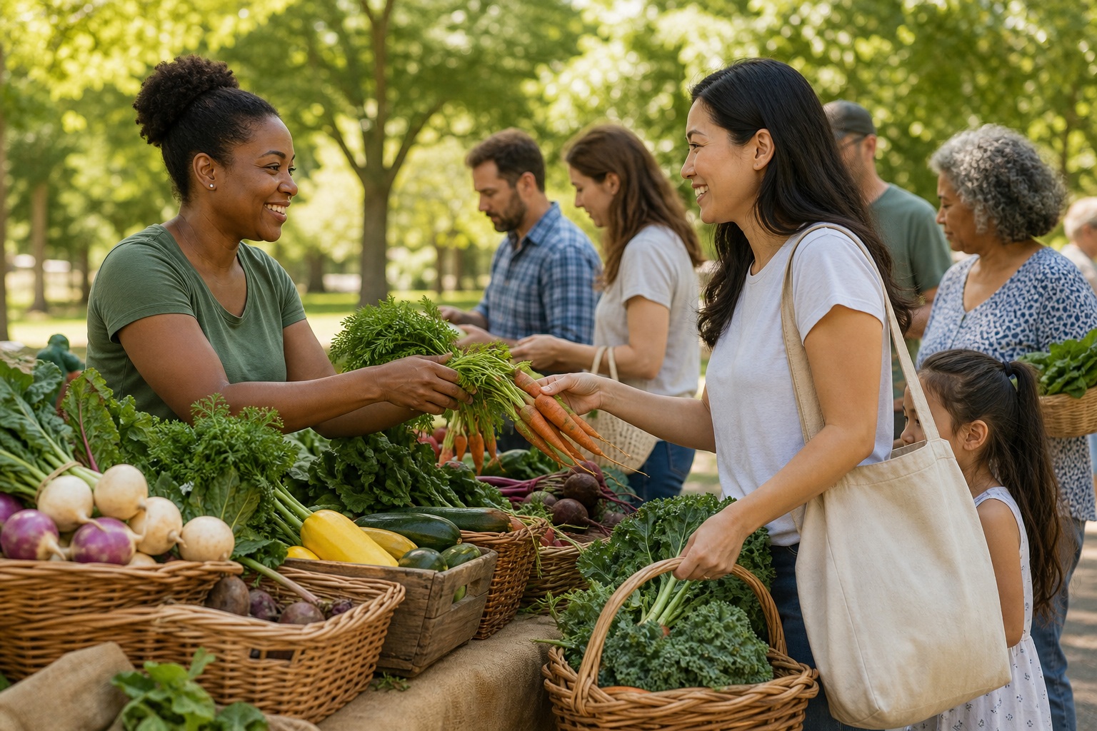 Neighbors shopping at an outdoor farm stand with baskets of fresh produce