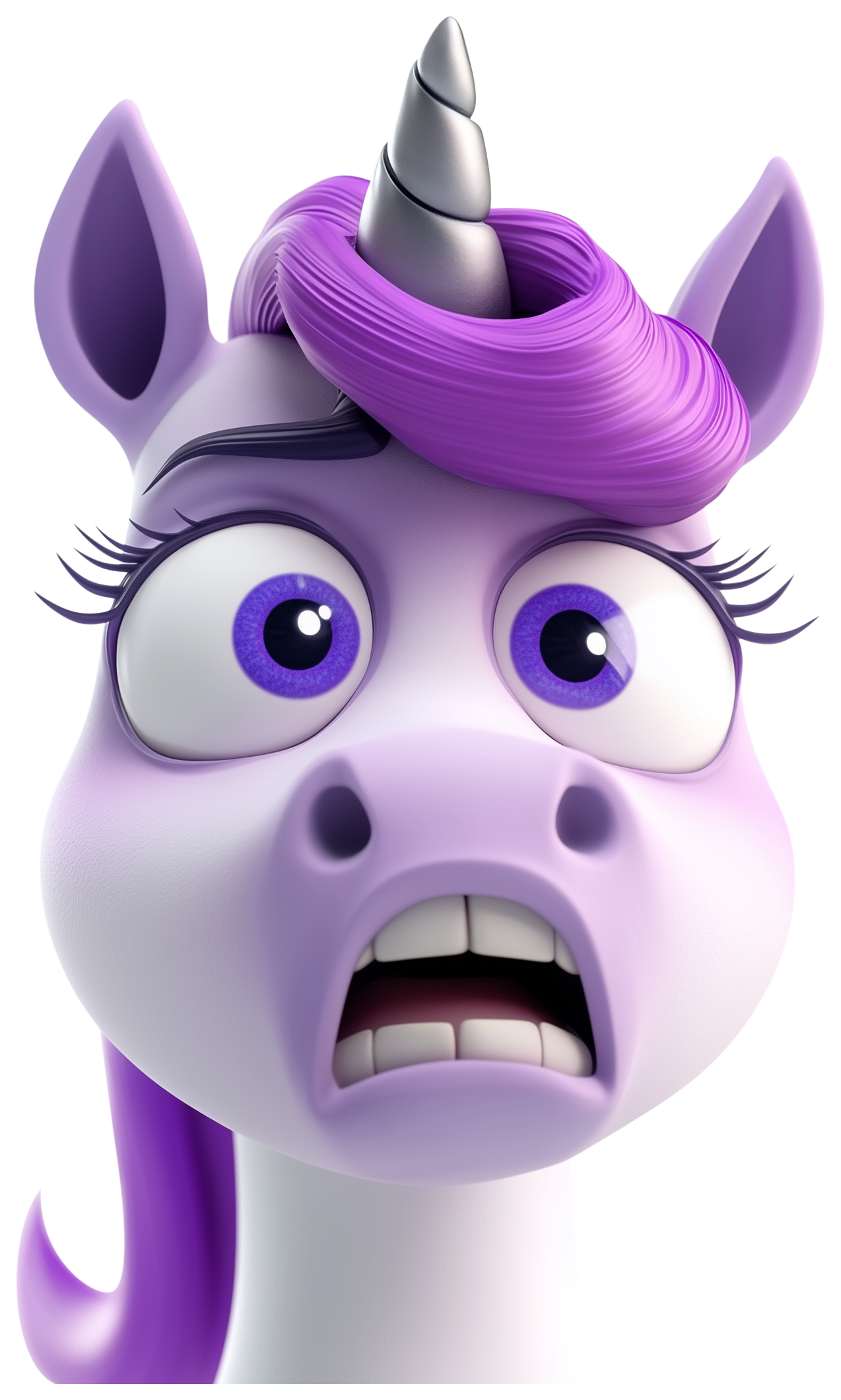 Shocked purple cartoon unicorn face with wide eyes and open mouth