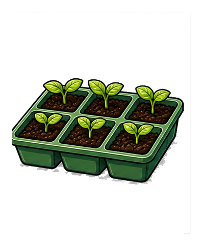A green seedling tray holding six small seedlings with sprouting leaves.