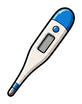 Blue and white digital thermometer sticker with a small display screen