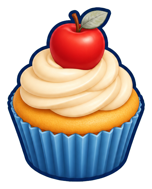 A cupcake in a blue wrapper topped with swirled frosting and a red apple.