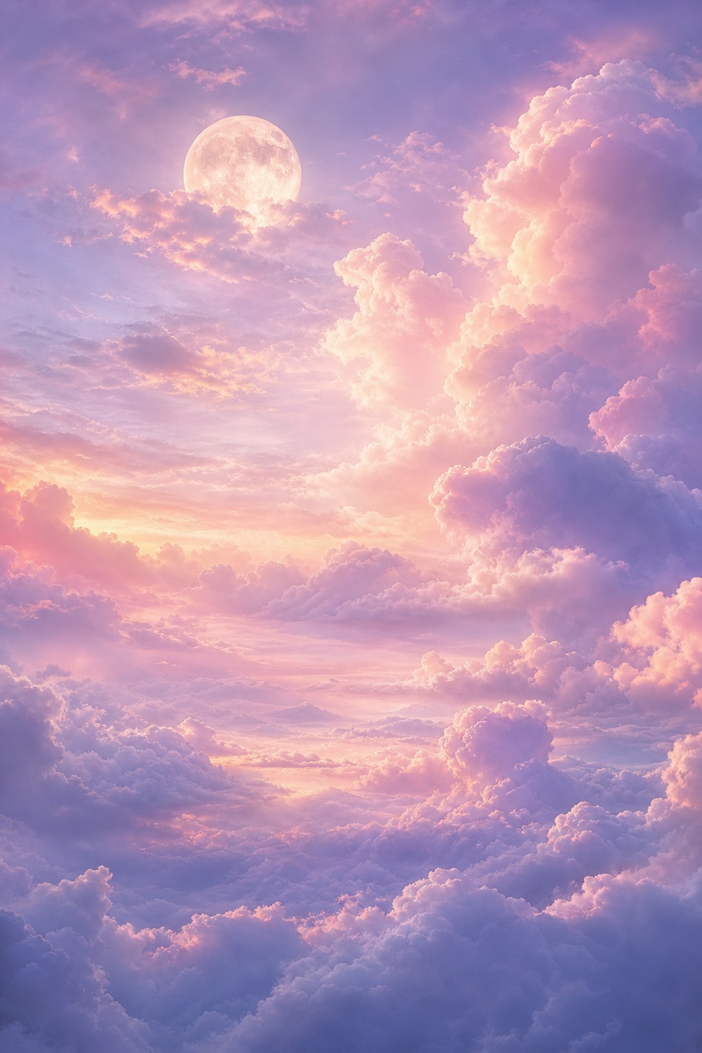 Pastel pink and purple clouds beneath a glowing moon in a vertical sky scene.