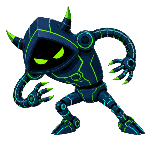 Glowing cyberpunk robot in a crouched dodge pose with neon accents