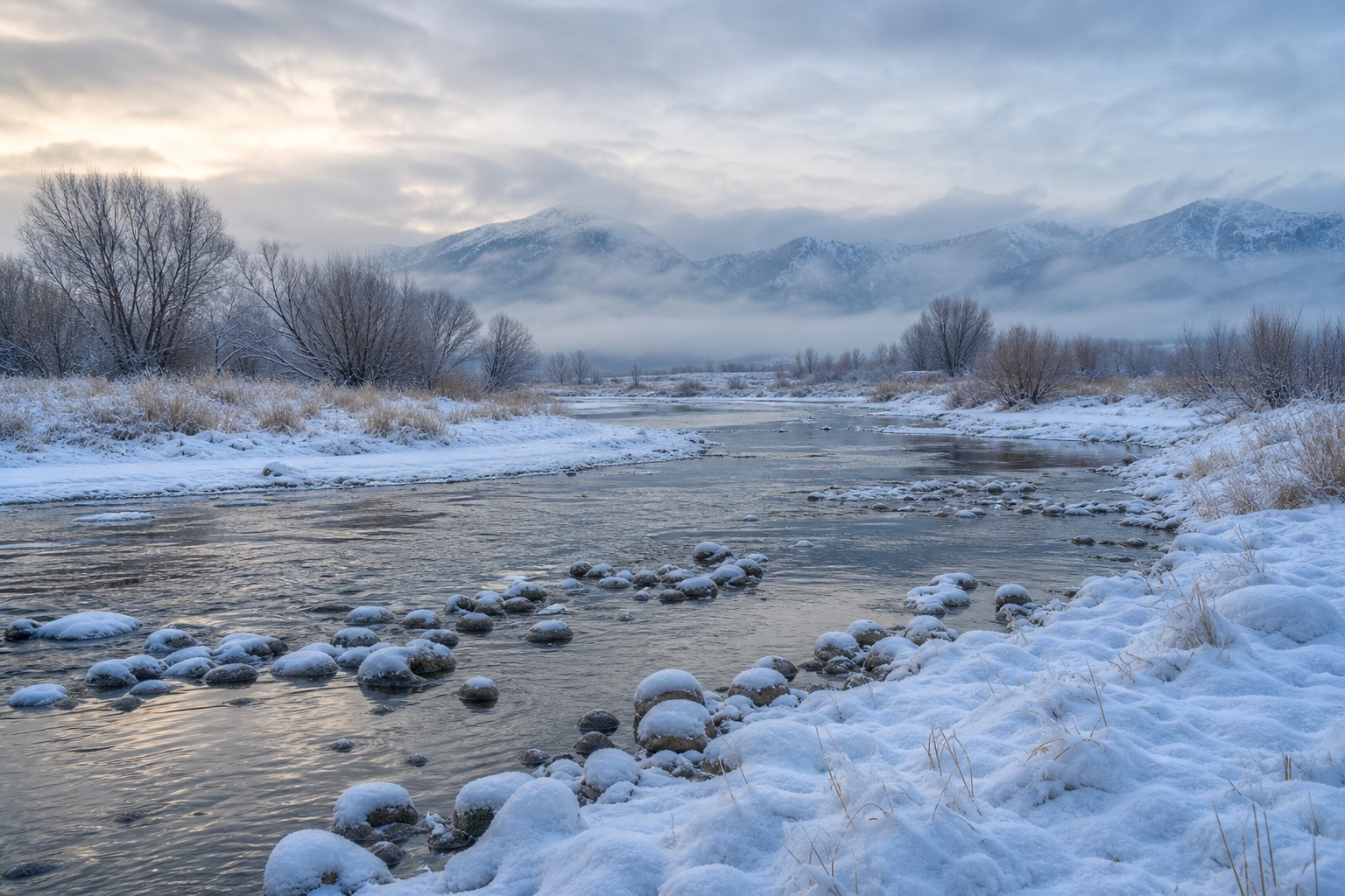 Snowy river winding through a misty winter valley with snow-covered grass and distant mountains.