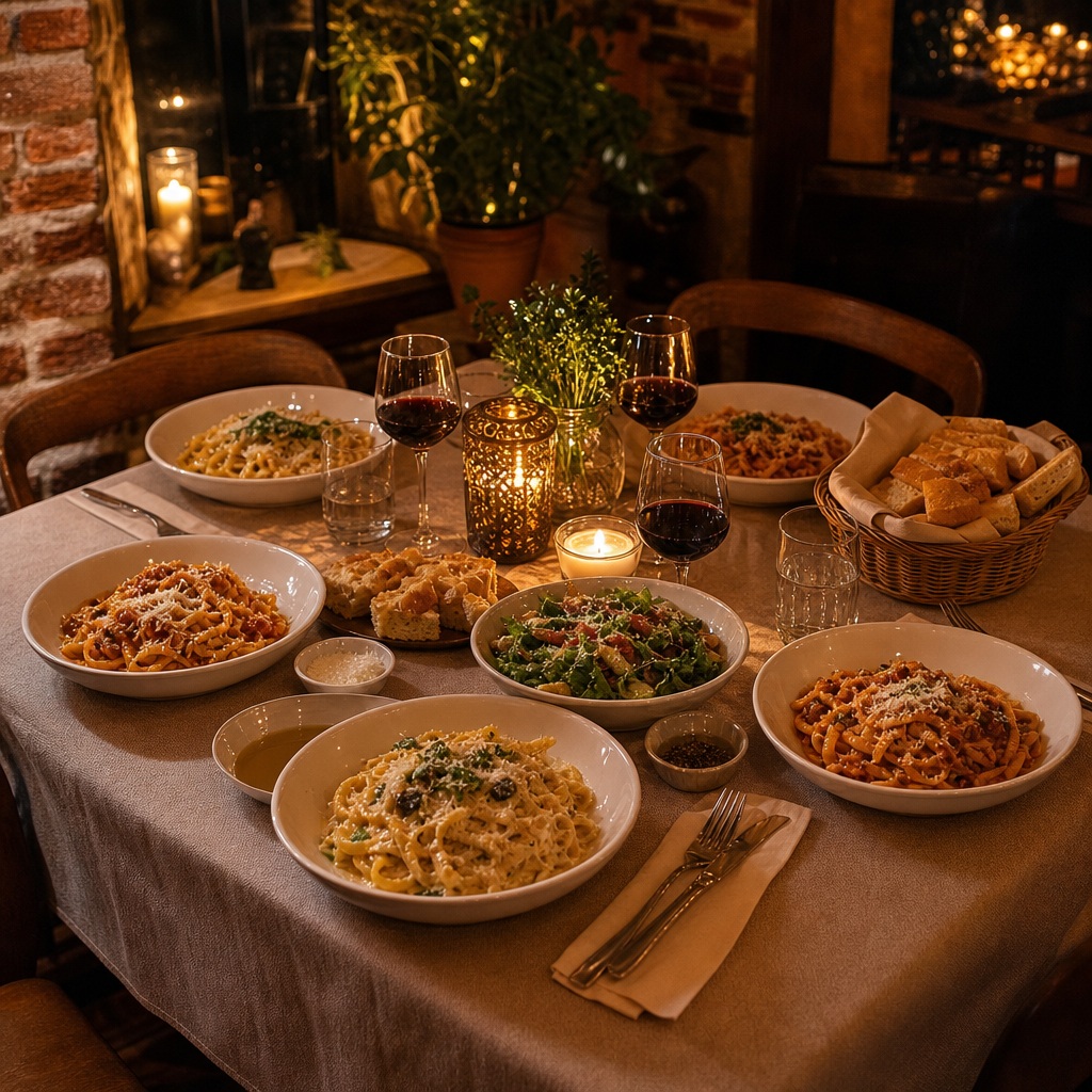 Candlelit restaurant table with pasta bowls, bread, and warm dining ambience