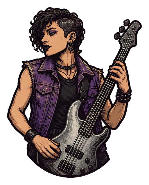 Illustrated curly-haired bassist holding a steel electric bass in a purple vest