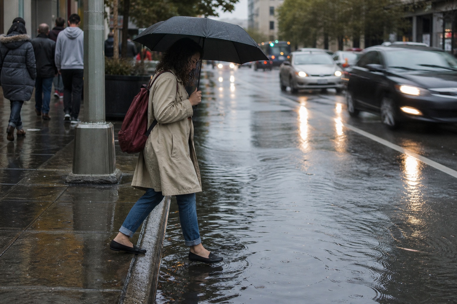 Person with umbrella crossing a wet city street on a rainy sidewalk.