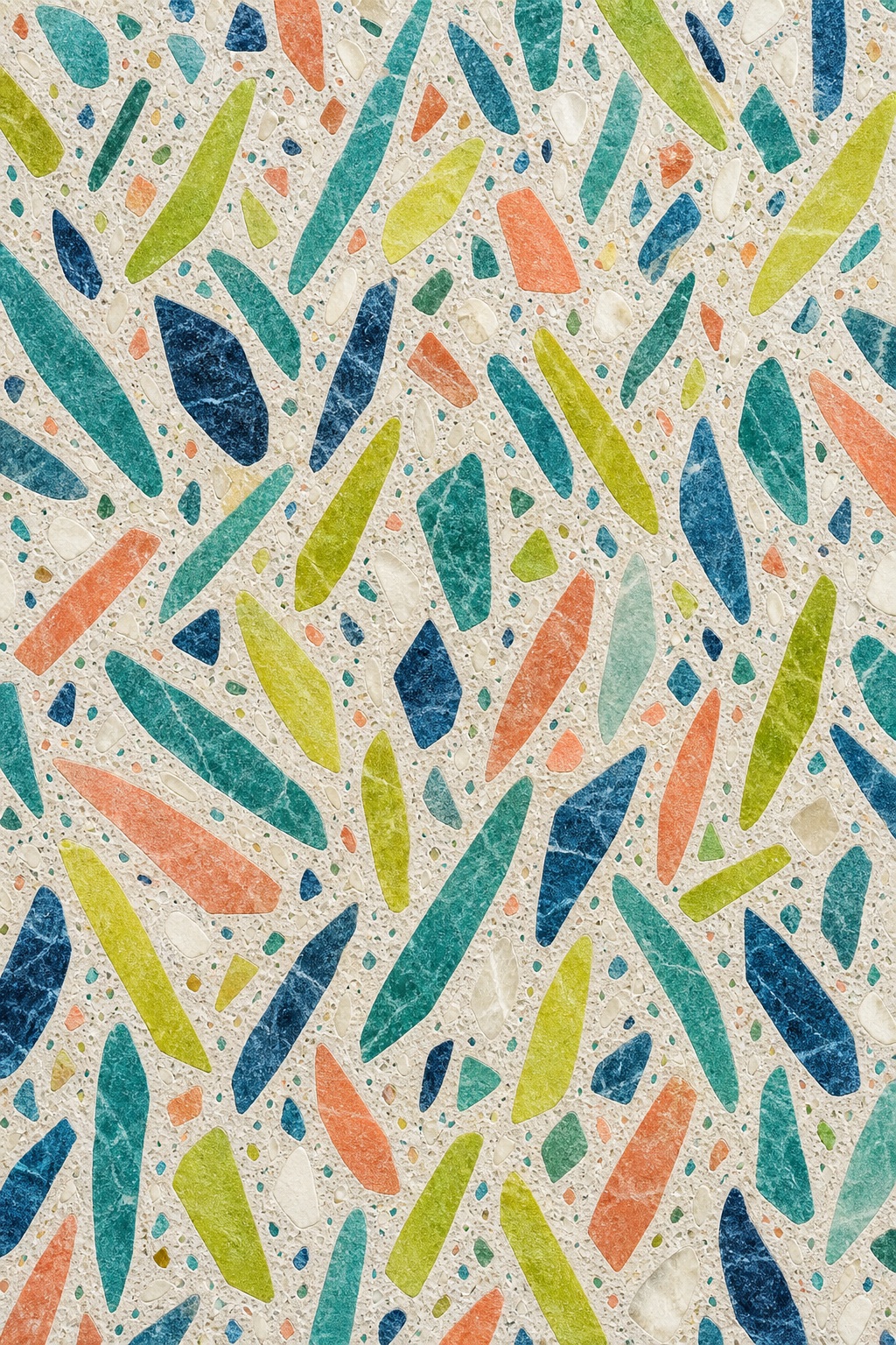 Colorful terrazzo pattern with elongated stone fragments in green, blue, orange, and beige.