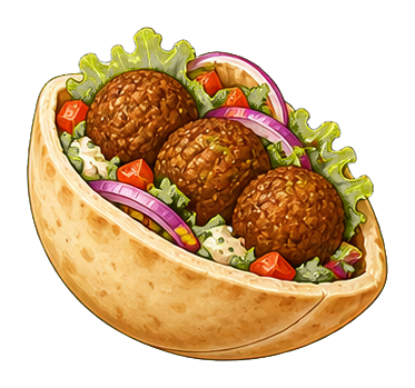 Illustrated pita filled with falafel balls, lettuce, tomato, onion, and sauce