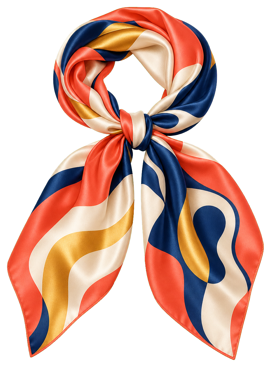 Colorful silk scarf tied in a knot with coral, navy, and gold pattern