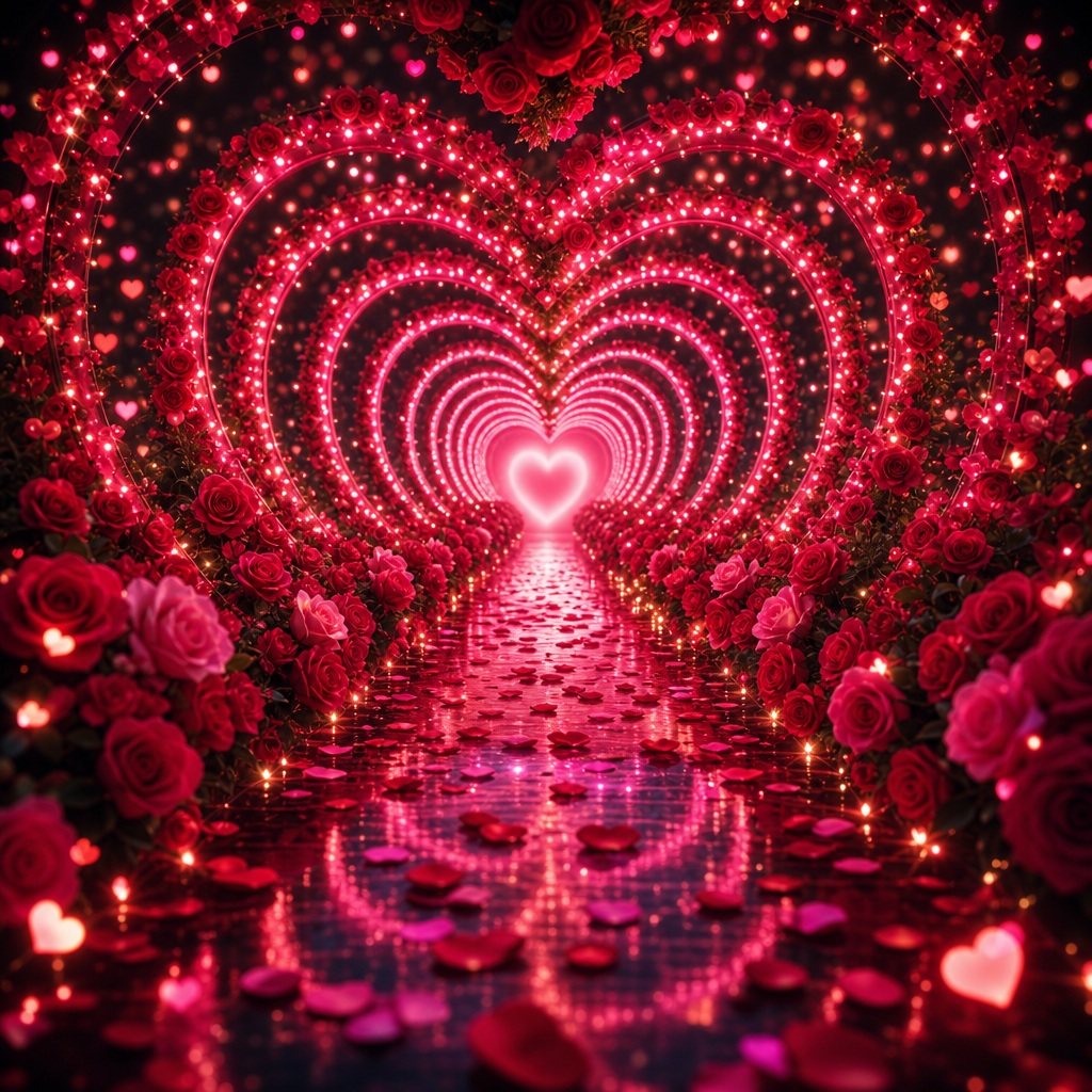 Glowing pink neon hearts forming a tunnel with roses along the sides