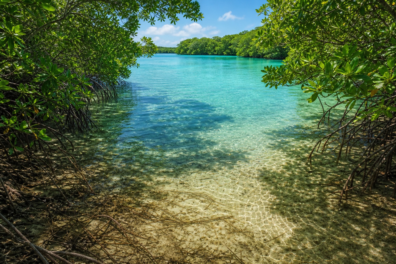 Mangrove roots framing a shallow brackish lagoon with clear turquoise water and green canopy