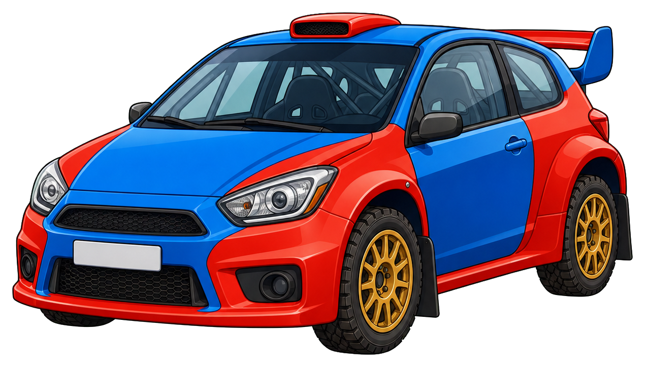 Blank blue and red rally car sticker graphic with gold wheels
