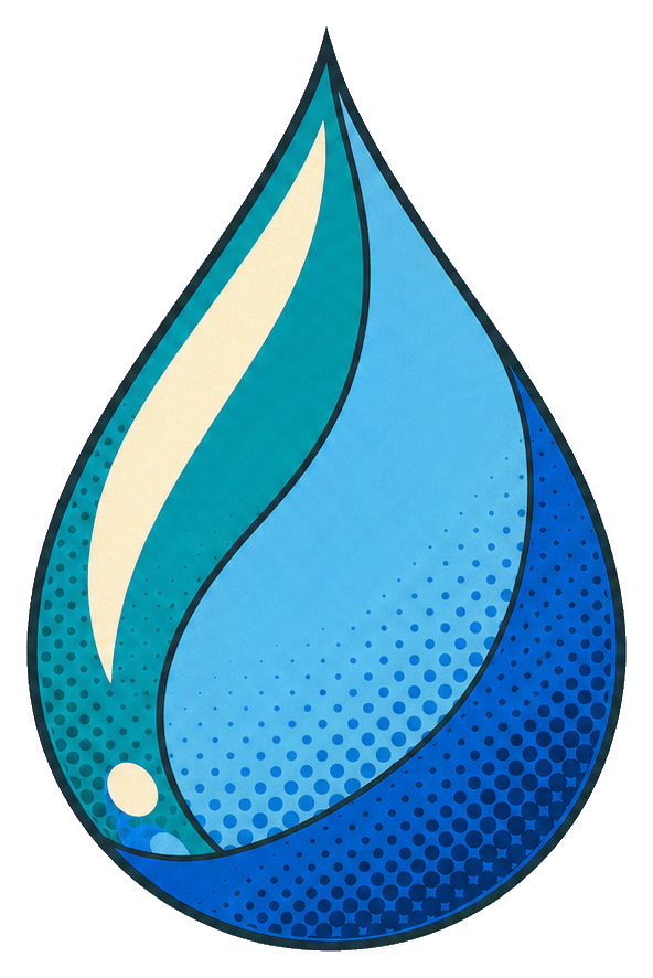 Blue water droplet with retro halftone shading and a cream highlight