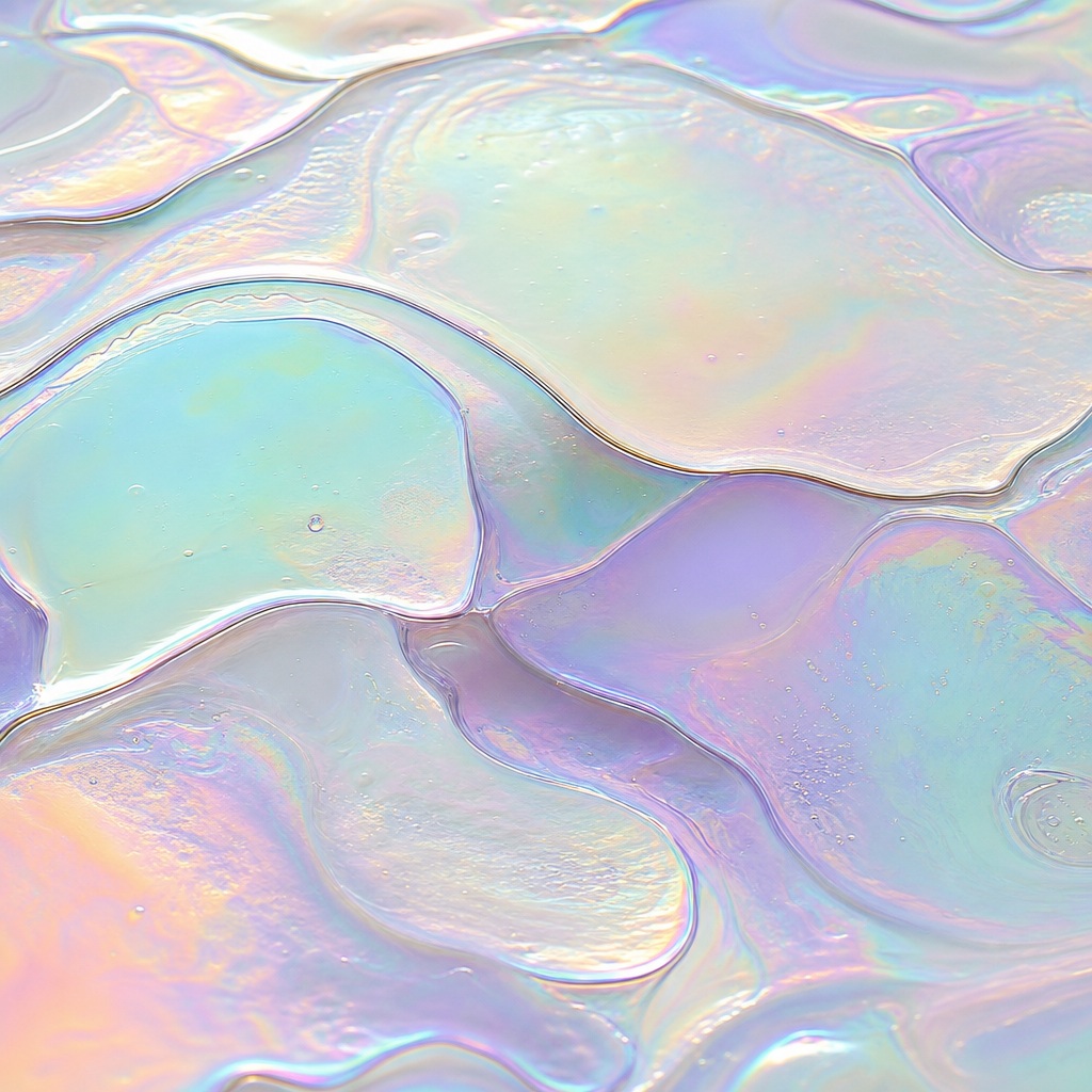 Soft pastel iridescent liquid pools with pearly rainbow highlights and flowing texture