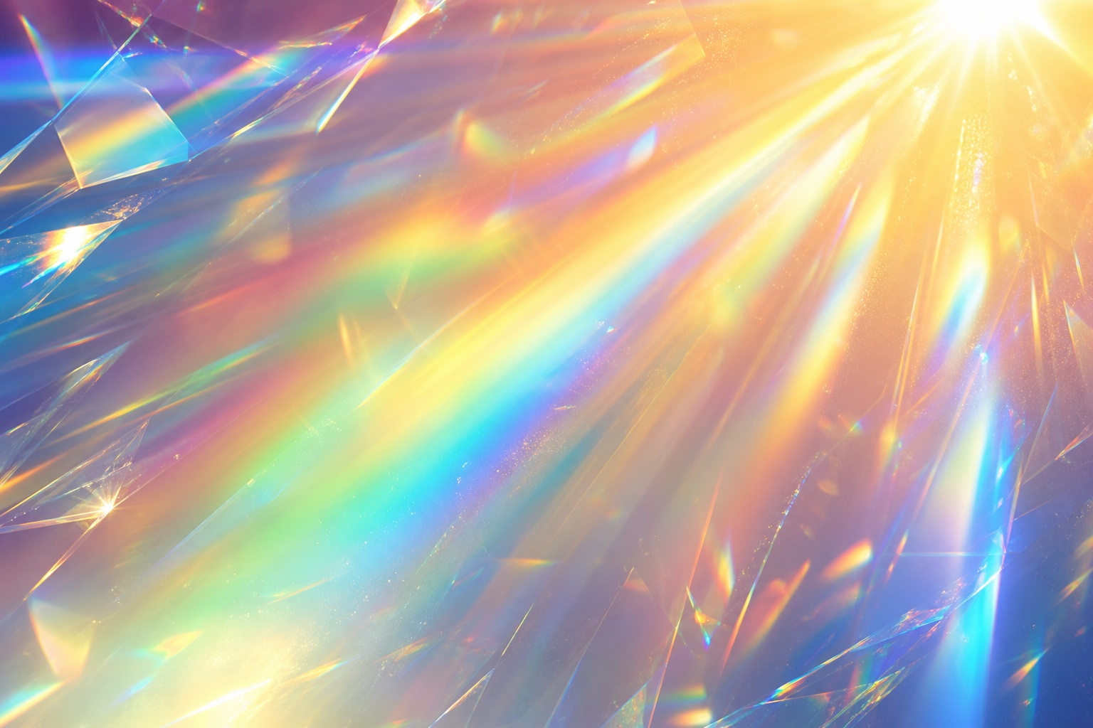 Rainbow prism light streaks and glowing refractions across a bright abstract background