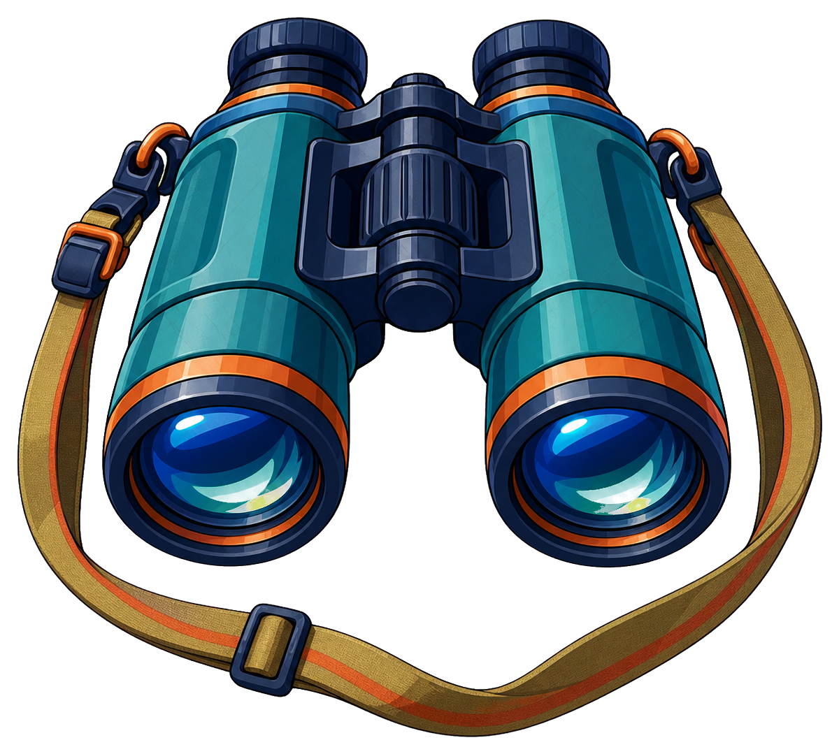 Blue binoculars with an orange strap on a dark background