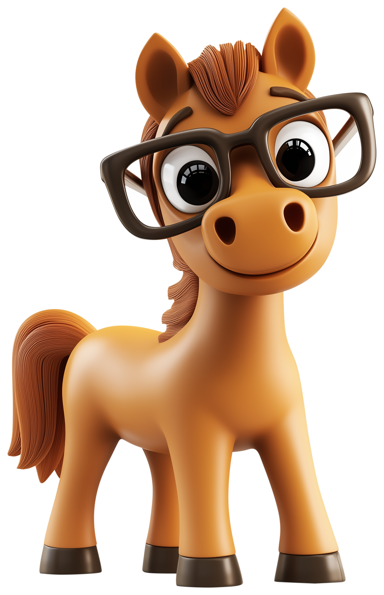 Cute 3D cartoon horse with glasses standing front-facing