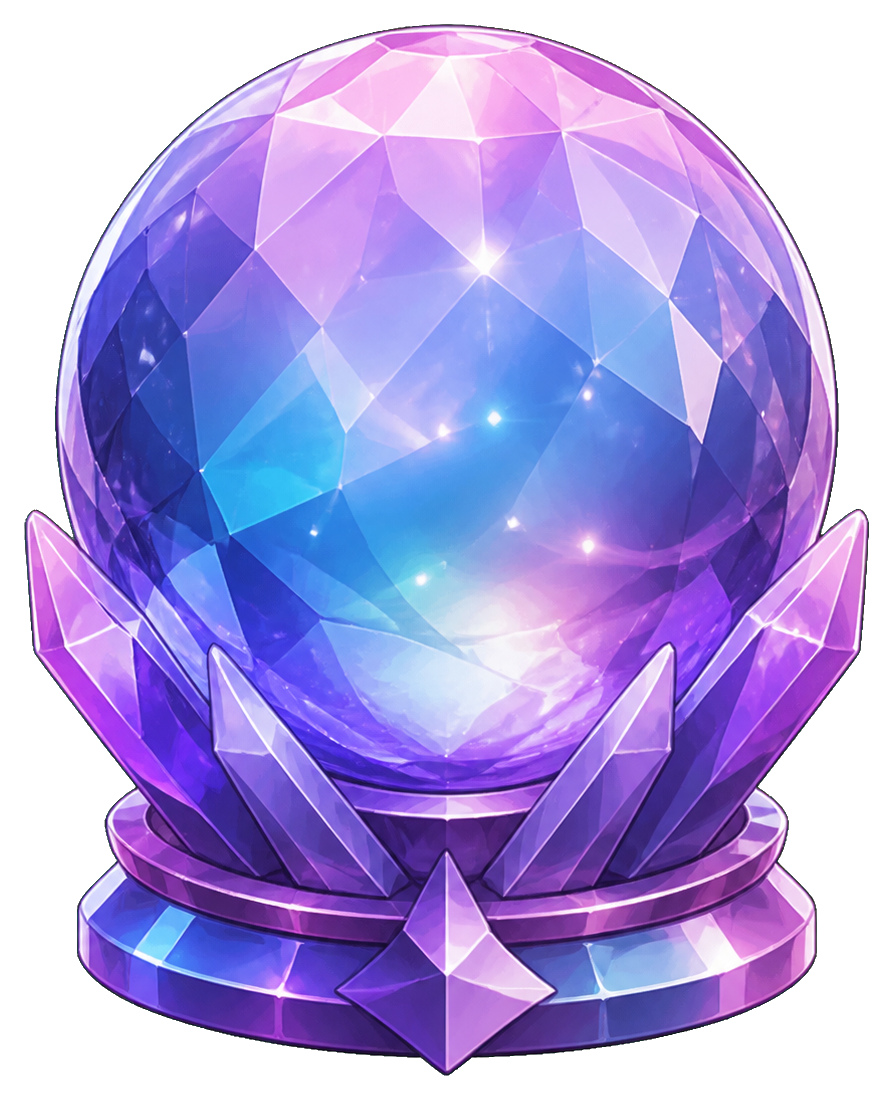 Glowing purple and blue crystal orb resting on a faceted crystal base