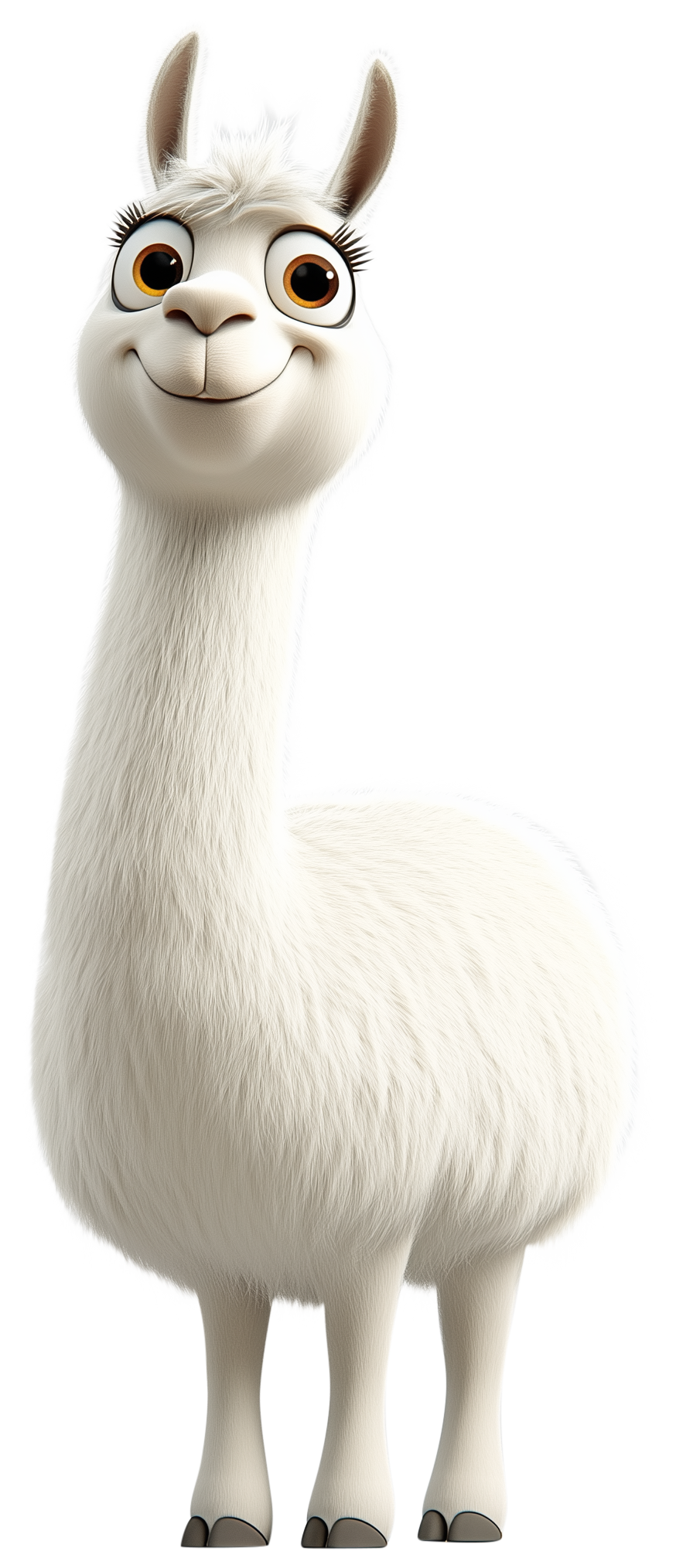 Cute white llama cartoon sticker with big eyes and a smiling face