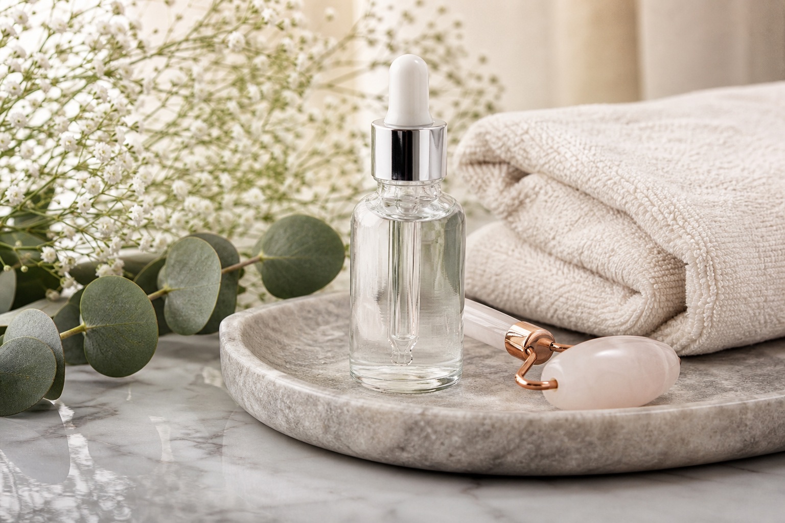 Serum bottle on a stone tray beside towels and spa accessories.