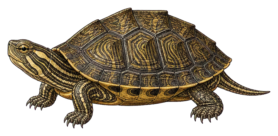 Vintage-style map turtle illustration with patterned shell and extended legs