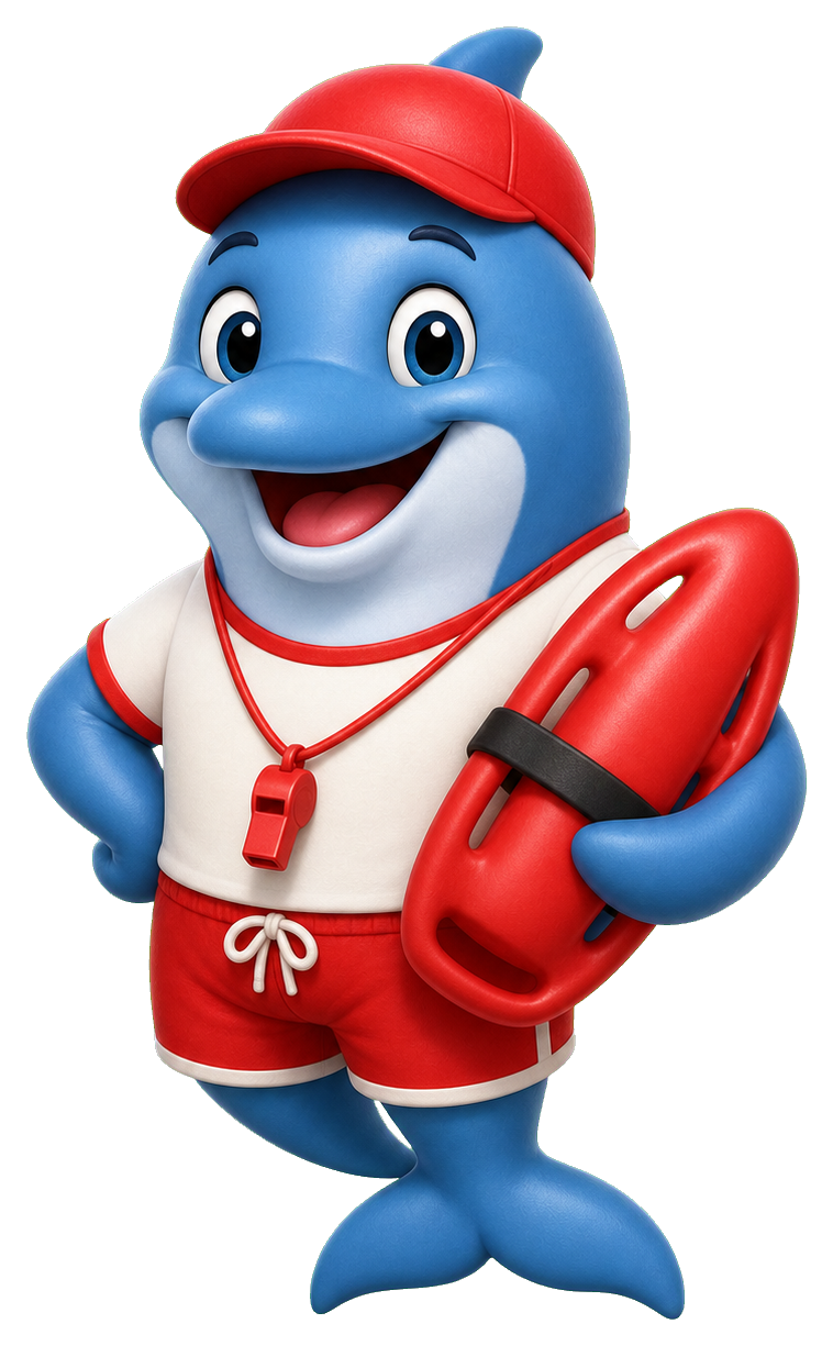 A smiling blue dolphin wearing a red lifeguard uniform and cap, holding a red rescue float.