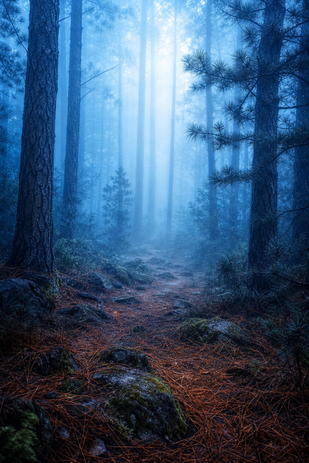 Tall pine trees frame a misty forest path with blue fog and mossy ground