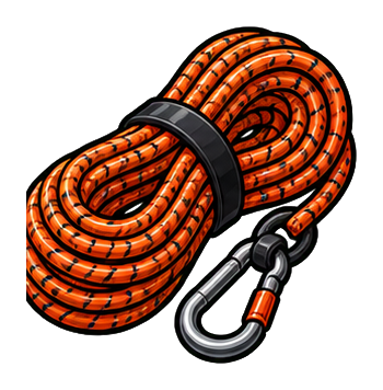 Orange coiled rescue rope with a black and silver carabiner clip.