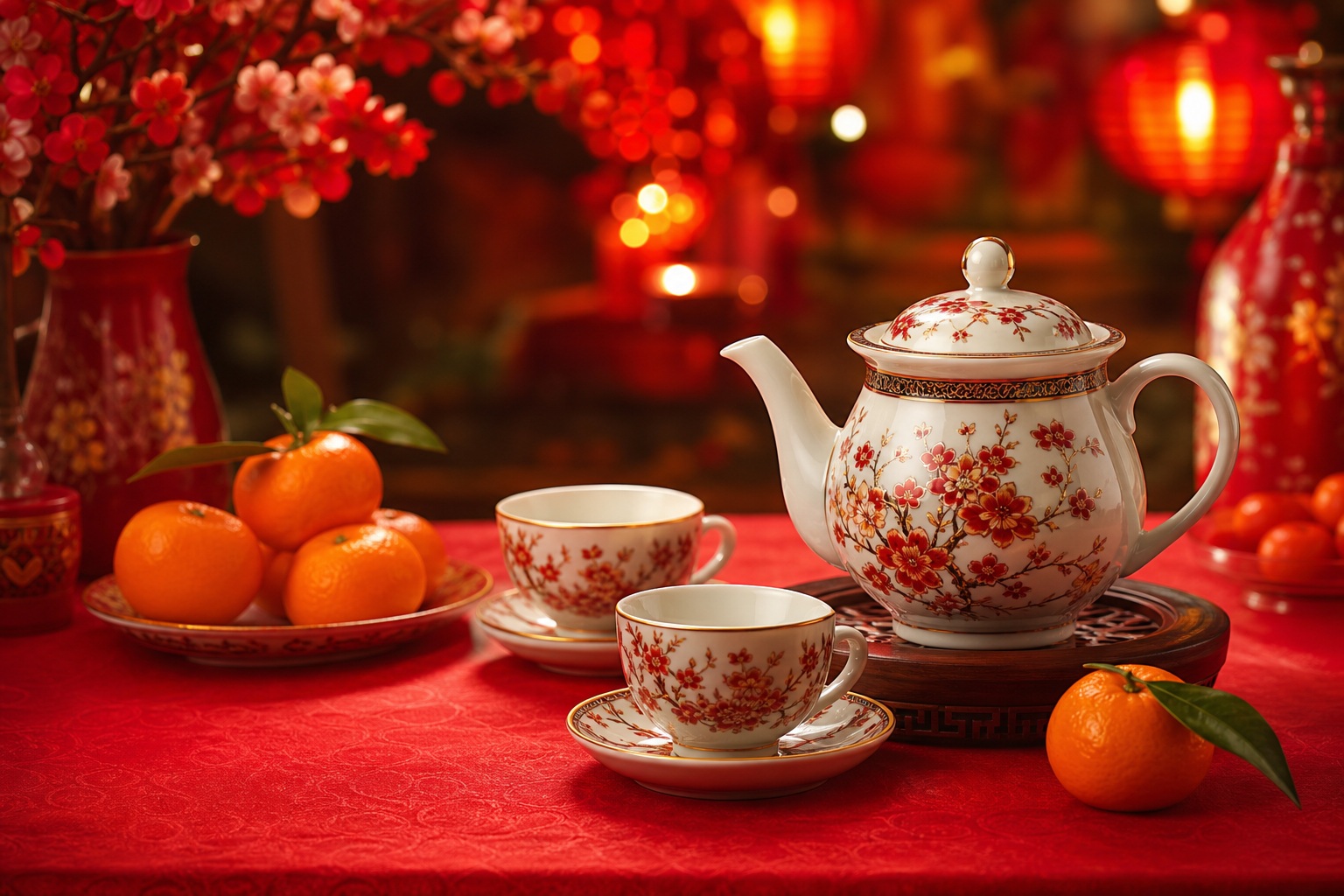 Porcelain tea set on a red table with oranges and glowing red festive lights