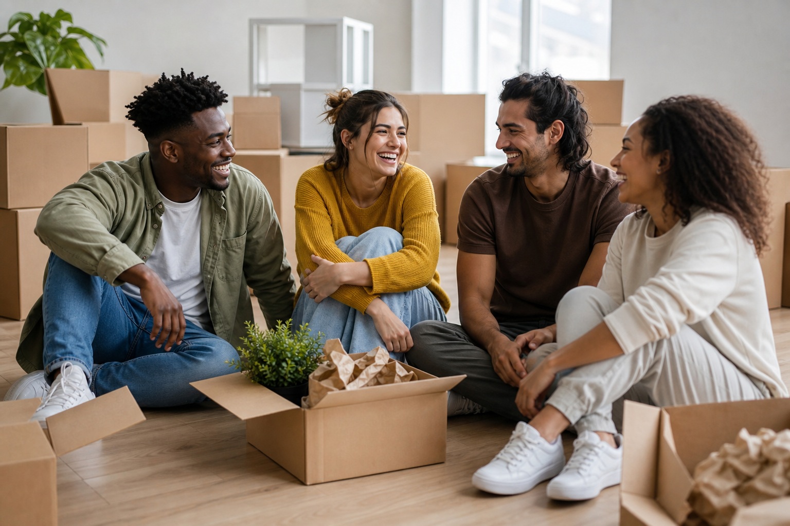 Four friends sitting on the floor with moving boxes in a bright apartment